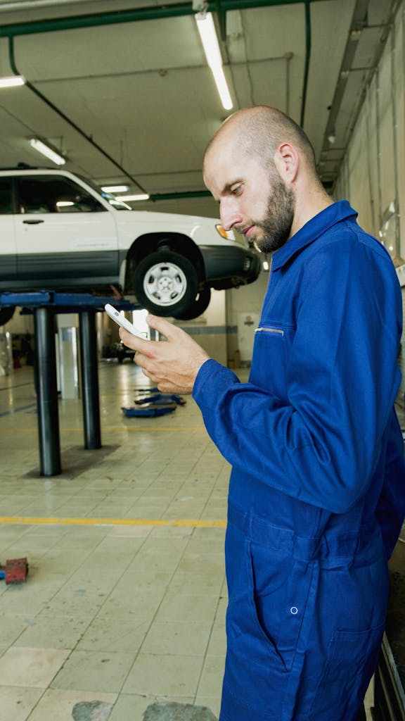 Imagen actual: Bald mechanic in blue jumpsuit using phone in an auto repair garage with a car on the lift.