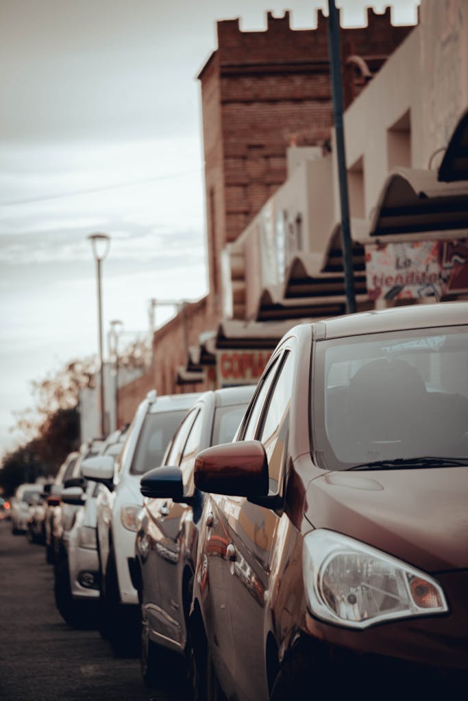 Imagen actual: City street featuring parked cars with urban buildings in the background, showcasing traffic and city life.