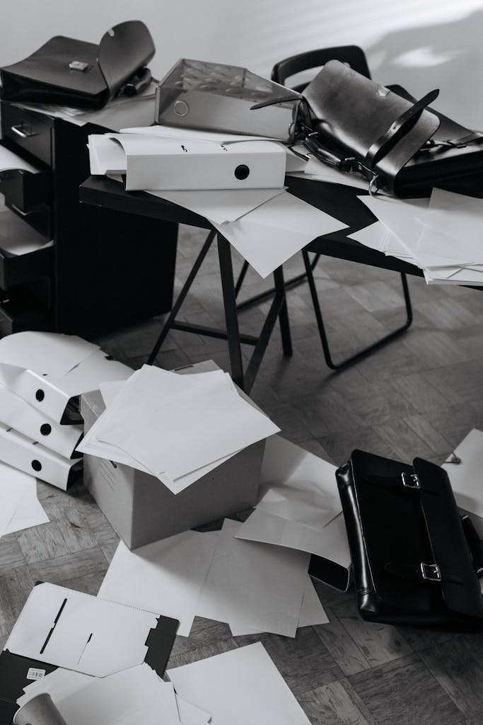 Imagen actual: A chaotic office desk covered with scattered papers, folders, and a briefcase.