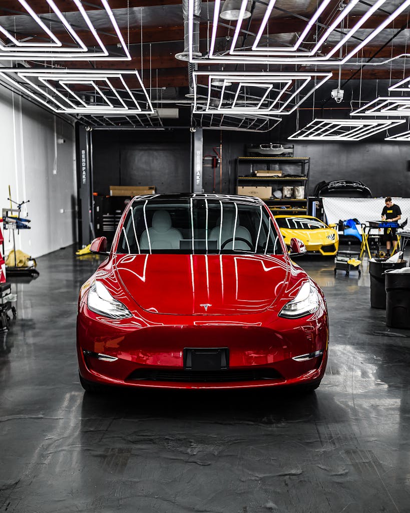 Imagen actual: A luxury electric car parked indoors with striking LED lighting in a modern garage.