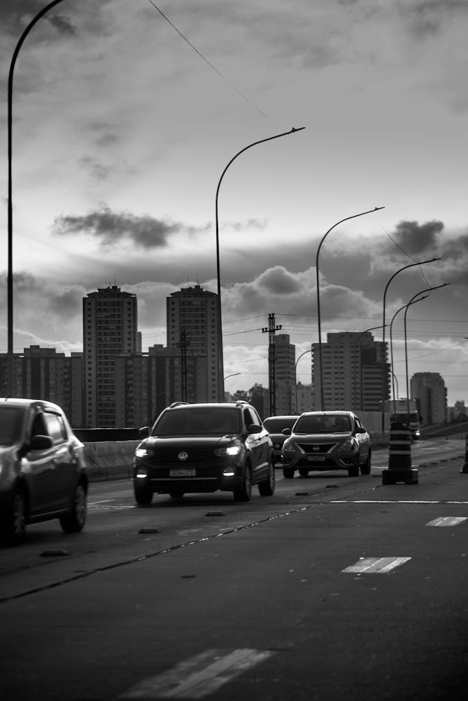 Imagen actual: Monochrome city traffic with skyscrapers in the background.