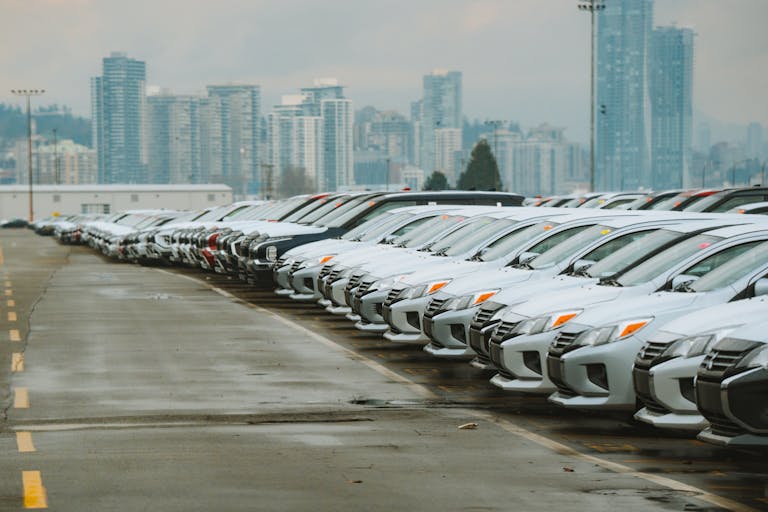 White cars lined up in a parking lot with a city skyline backdrop.